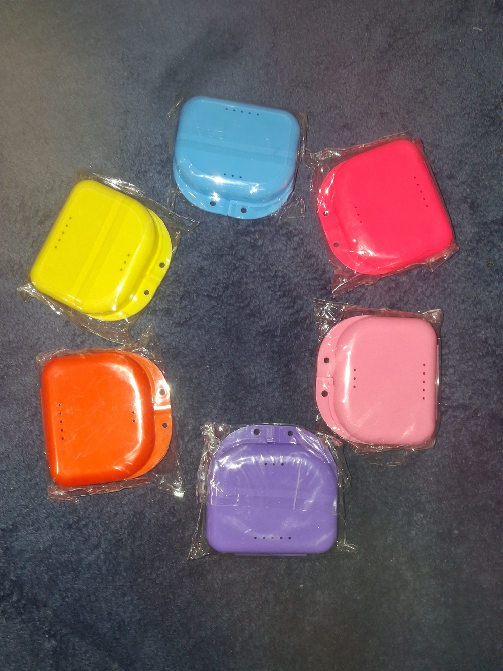 Lot of 6 Vented Plastic Retainer/Denture Cases, Assorted Colors, Ortho/Dental